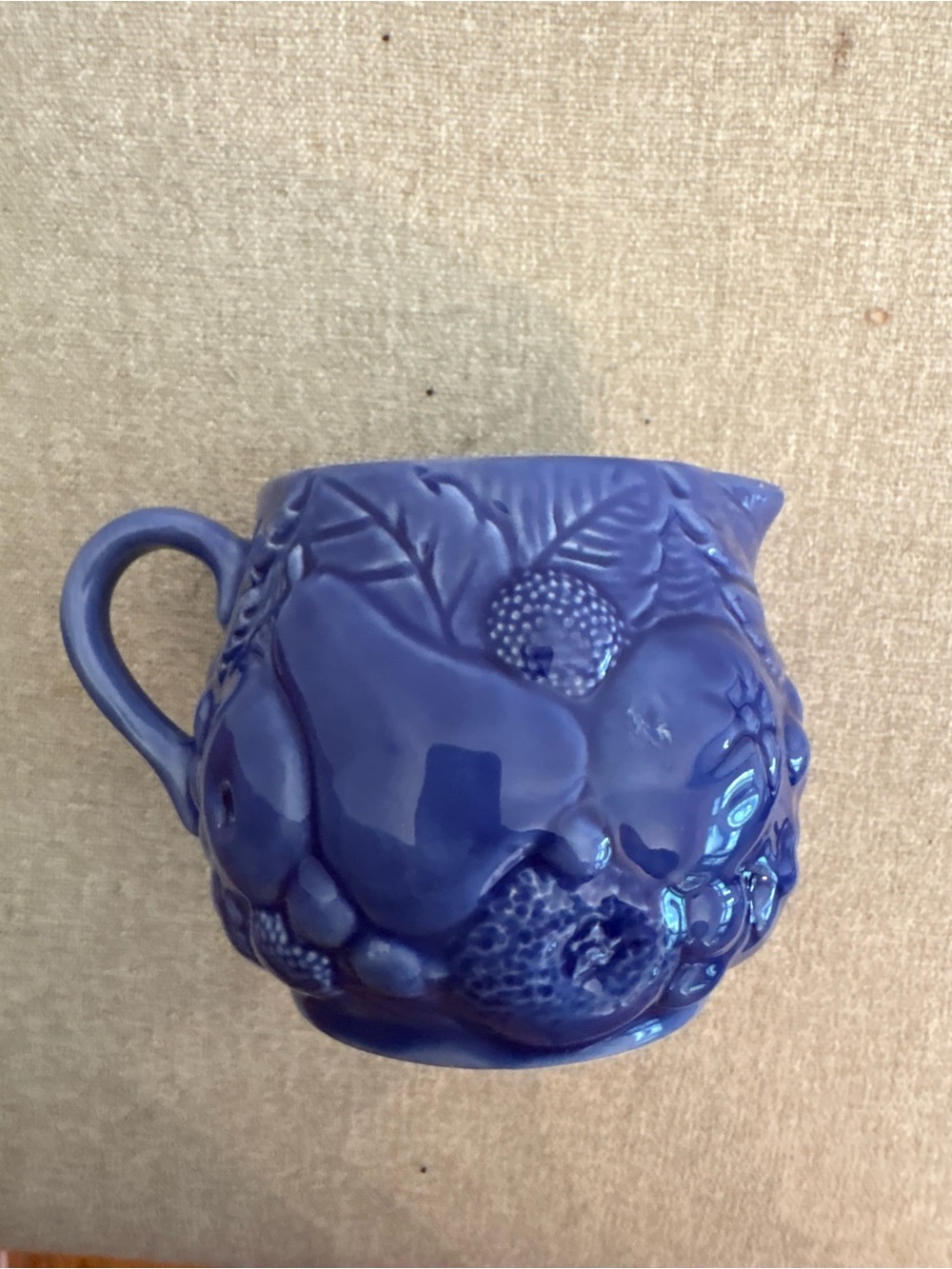 Vintage Blue Ceramic Fruit-Relief Pitcher/ Creamer